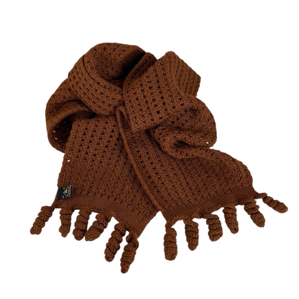 Alpaca Connection Brown Pointelle Knit Scarf with Tassel Trim